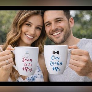 PFALTZGRAFF “SOON TO MRS” & “ONE LUCKY MR” CUP MUG SET - PERFECT WEDDING GIFT